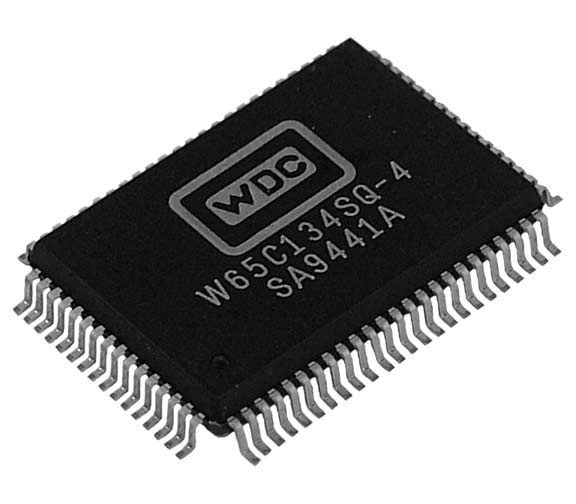 This is a picture of the 8-bit W65C134S8Q-8 Microcontroller Quad Flat Pack, 80 pin package. 
								The W65C134S is a feature rich 8-bit microcontroller based on the W65C02 with an advanced Serial Interface 
								Bus token passing and many other features.