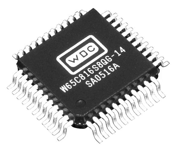 This is a Picture of the W65C816S8QG-14 16-bit Microprocessor in a Quad Flat Pack, 44 pin 
								package. The W65C816S is a low power 16-bit microprocessor. It extends the 65xx technology family to handle 
								16-bit processing with a 16MB memory space.