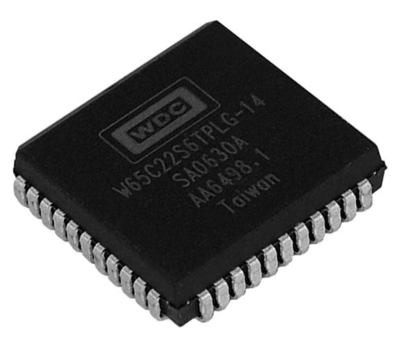 This is a Picture of the W65C22S6TPLG-14 Versatile Interface Adapter (VIA) Plastic Leaded 
								Chip Carrier, 44 pin package. The W65C22S is a flexible I/O device similar to the W65C21S. In addition to 
								I/O, it provides two programmable 16-bit Interval Counters
