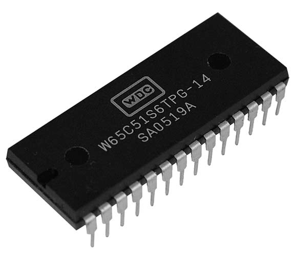 This is a Picture of the CMOS W65C51S6TPG-14  Asynchronous Communications Interface Adapter 
							(ACIA) provides an easily implemented, program controlled interface between microprocessor based systems and 
							serial communication data sets and modems.