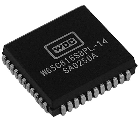 This is a Picture of the W65C816S8PL-14 16-bit Microprocessor in a Plastic Leaded Chip 
								Carrier, 44 pin package. The W65C816S is a low power 16-bit microprocessor. It extends the 65xx technology 
								family to handle 16-bit processing with a 16MB memory space.