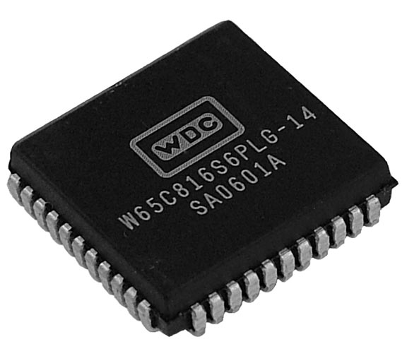 This is a Picture of the W65C816S8PLG-14 16-bit Microprocessor in a Plastic Leaded Chip 
								Carrier, 44 pin package. The W65C816S is a low power 16-bit microprocessor. It extends the 65xx technology 
								family to handle 16-bit processing with a 16MB memory space.